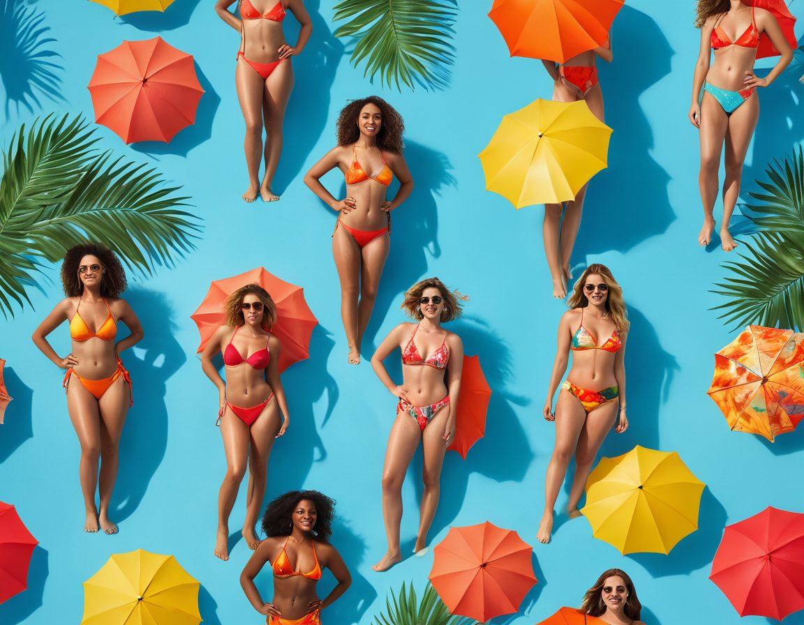 A vibrant beach scene showcasing a diverse group of individuals confidently wearing stylish swimwear, surrounded by colorful beach umbrellas and tropical plants. The focus is on the textures and patterns of the swimwear, with splashes of sunlight creating a warm, inviting atmosphere. Incorporate soft waves gently lapping at the shore and a clear blue sky to enrich the beach aesthetic. super-realistic. vibrant colors. playful and lively.