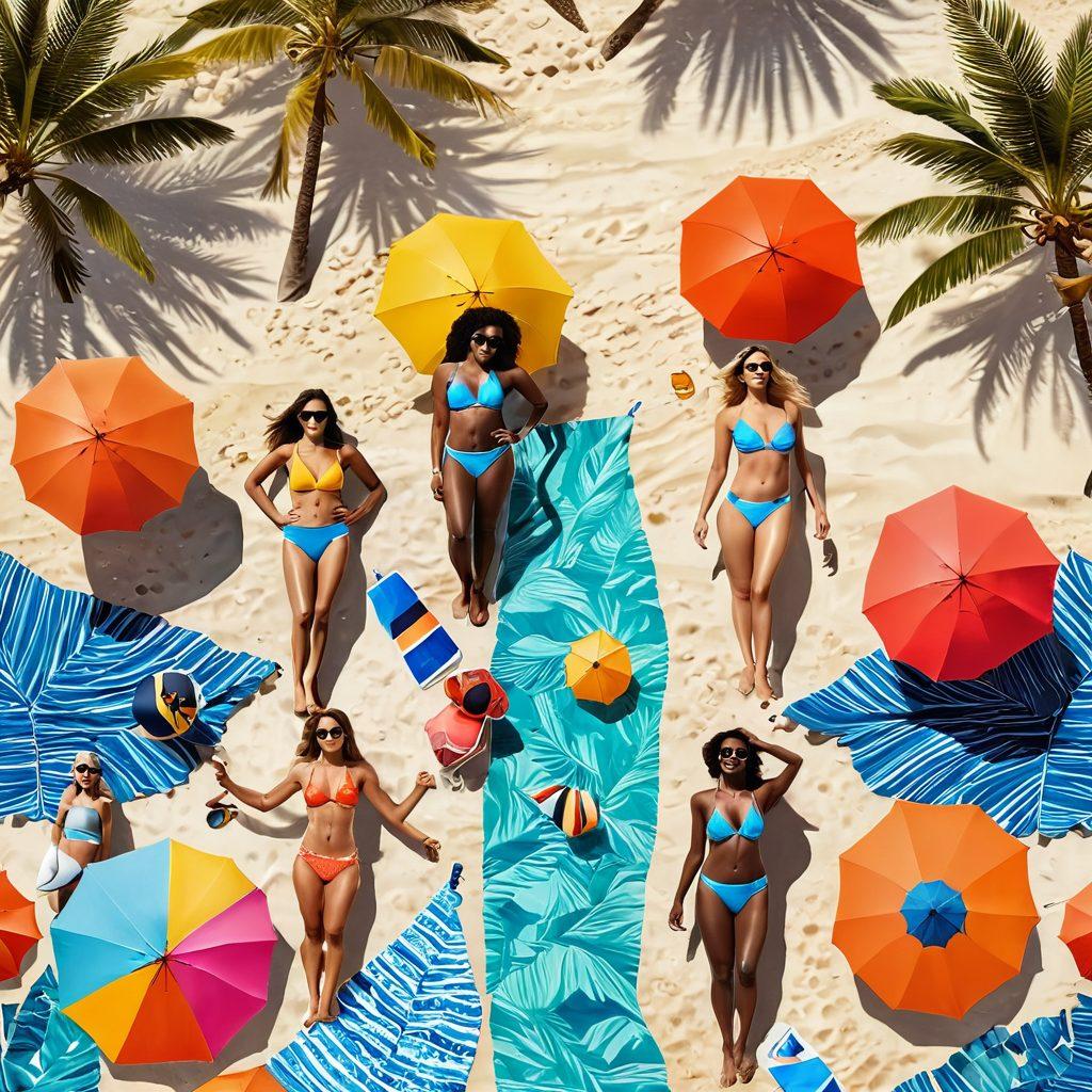 A dynamic beach scene showcasing diverse swimwear styles on a sun-drenched shore. Capture the essence of summer with vibrant colors, models of different body types enjoying the ocean waves, stylish beach umbrellas, and palm trees in the background. Include lifestyle elements like colorful beach towels, sunglasses, and summer accessories to enrich the atmosphere. The overall vibe should feel energetic and fun, embodying the essence of summer fashion. super-realistic. vibrant colors. beach backdrop.