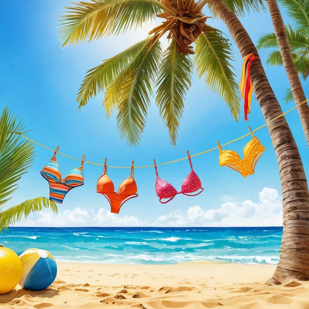 A sunlit beach scene with vibrant bikinis in various styles hanging on a colorful clothesline, surrounded by palm trees and soft golden sand. Include beach accessories like sunglasses, flip flops, and a beach ball scattered around. A group of friends laughing and enjoying the sun in the background, with a clear blue ocean waves crashing. Emphasize a cheerful summer vibe. watercolor style. vibrant colors. 